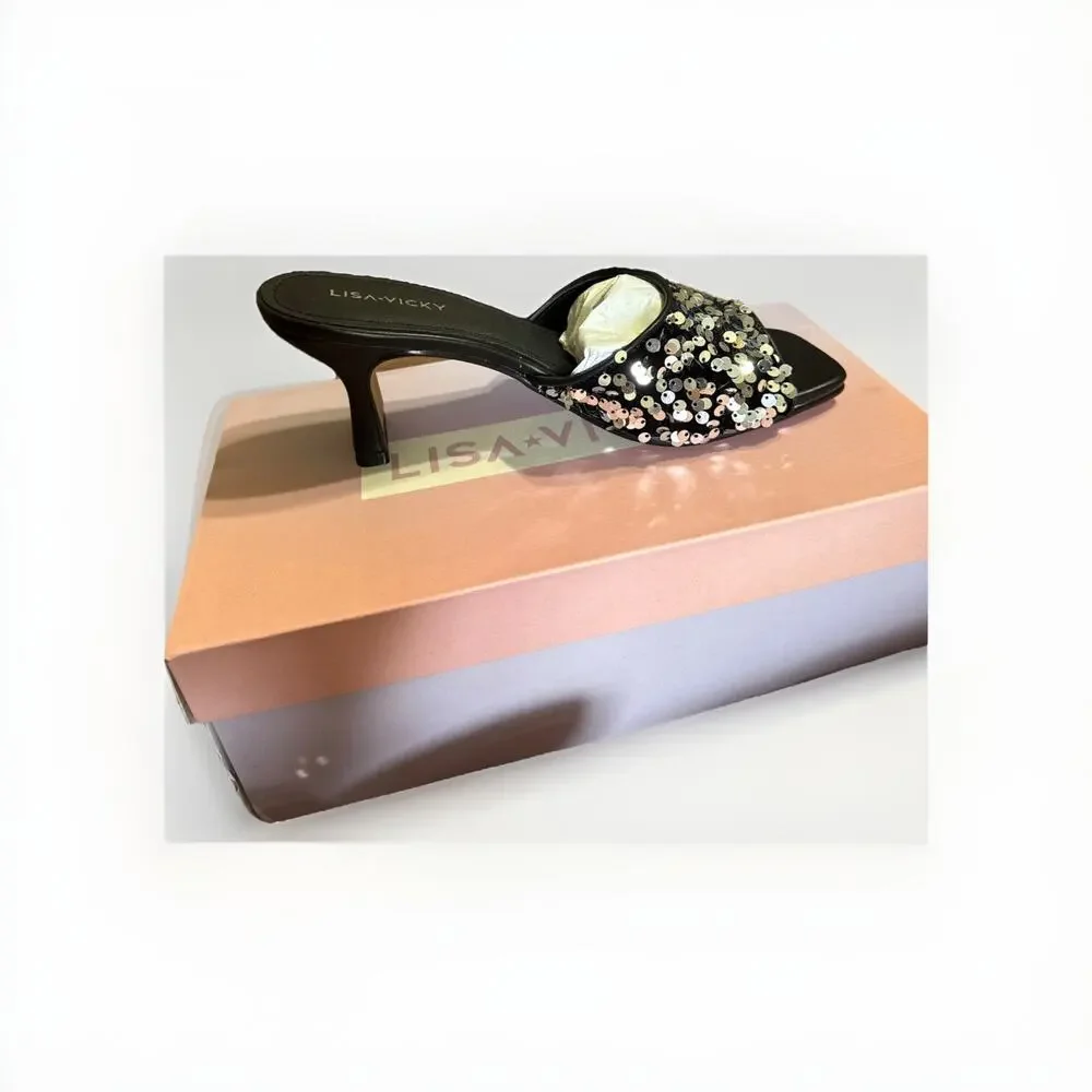 Lisa Vicky Pretty-V Black Slide Sandal Platinum Black Sequins Size 7 Heels - Picture 7 of 9